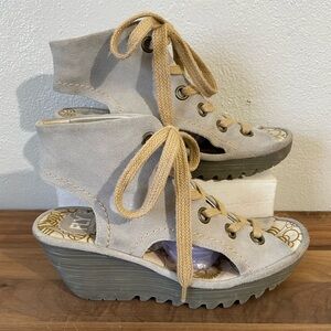 Fly London Lace Up Wedge Sandal Open Toe Ankle US 8 8.5 Comfort Casual Euro